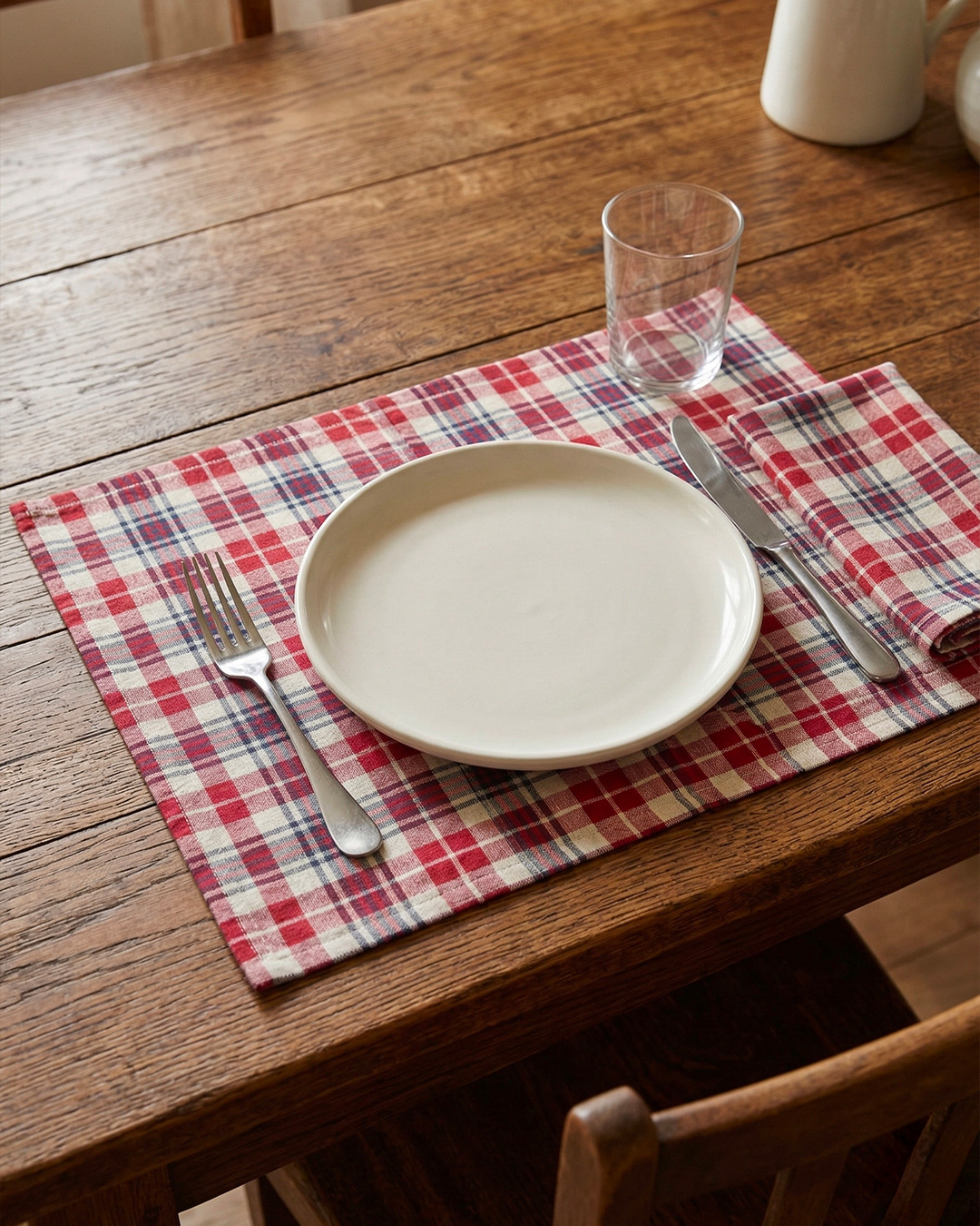 Set de table en kelsch alsacien à carreaux rouges dressé avec assiette et couverts – Kelsch d'Alsace In Seebach